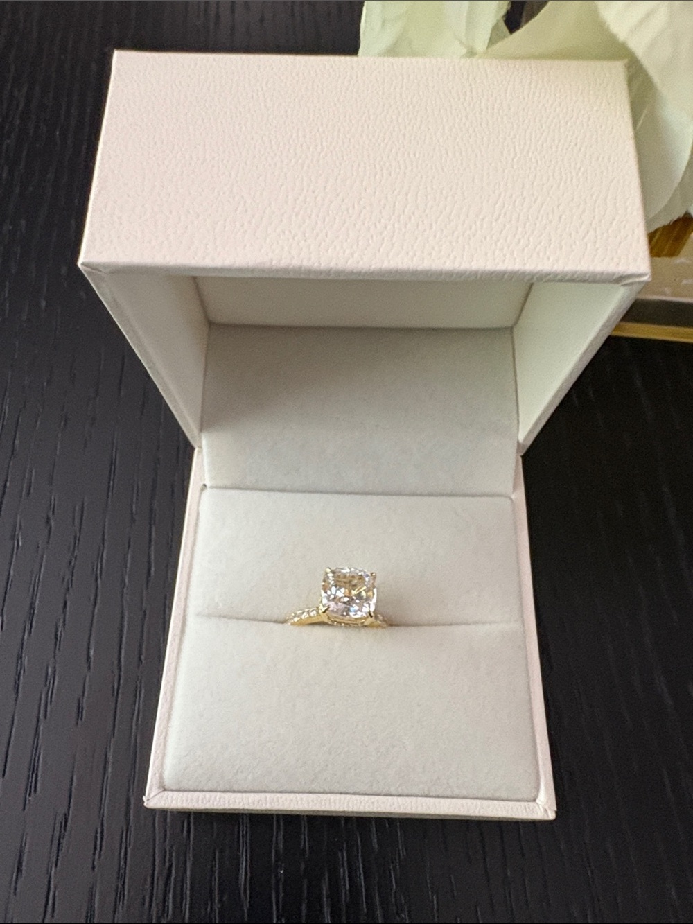 Source Unknown Gold Ring with Clear Cushion-Cut Stone and Pavé Shoulders 2.5 ct.